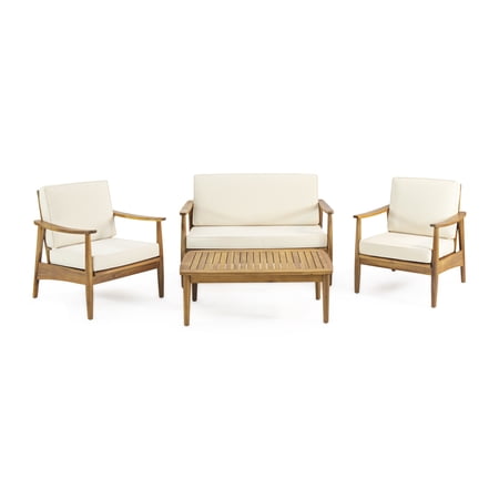 Greta Outdoor Acacia Wood 4 Seater Chat Set with Coffee Table, Teak, Beige