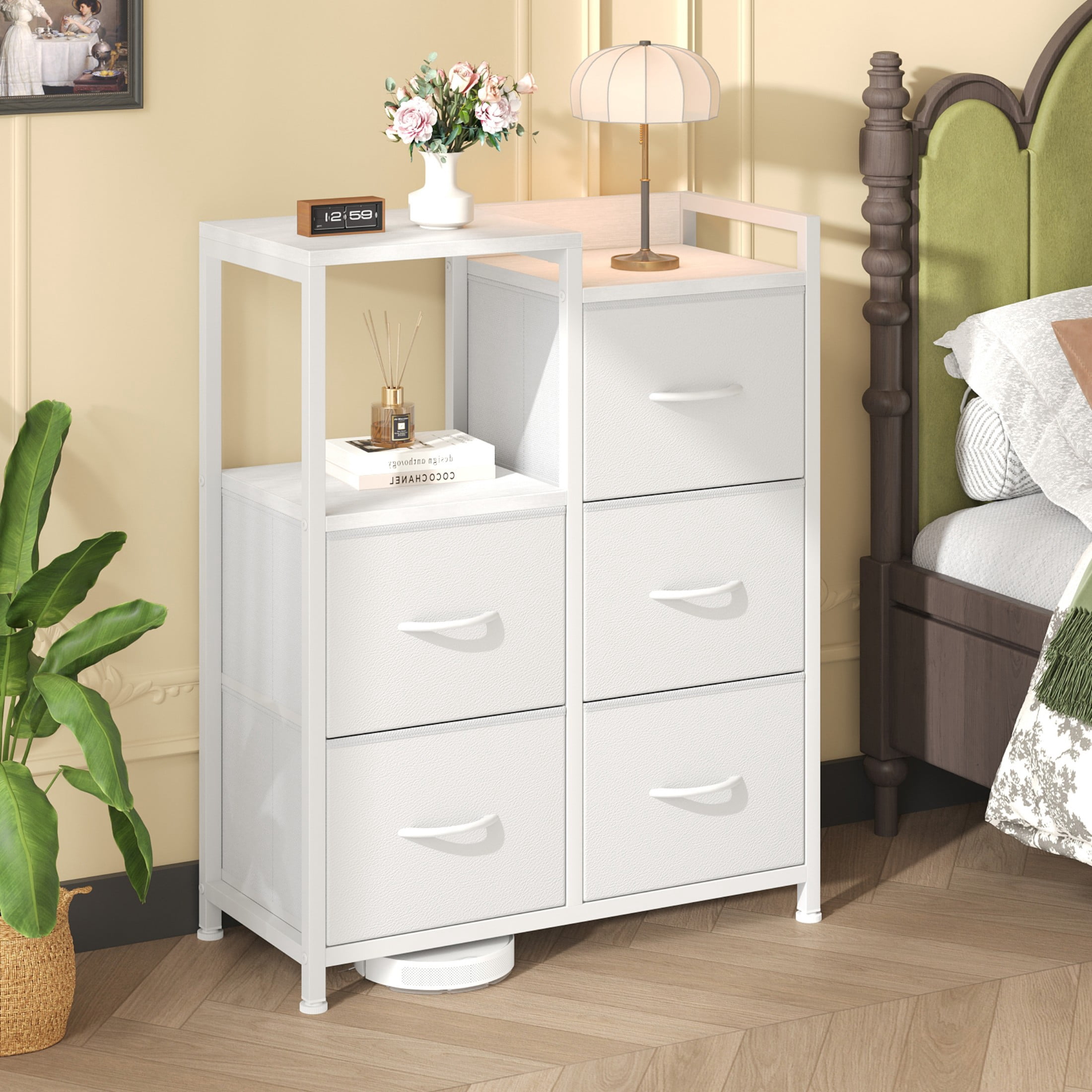 CONCETTA 5 Drawer Fabric Dresser, 2-Tier Shelf Storage Chest, Storage Cabinet for Bedroom, Hallway, Entryway, White