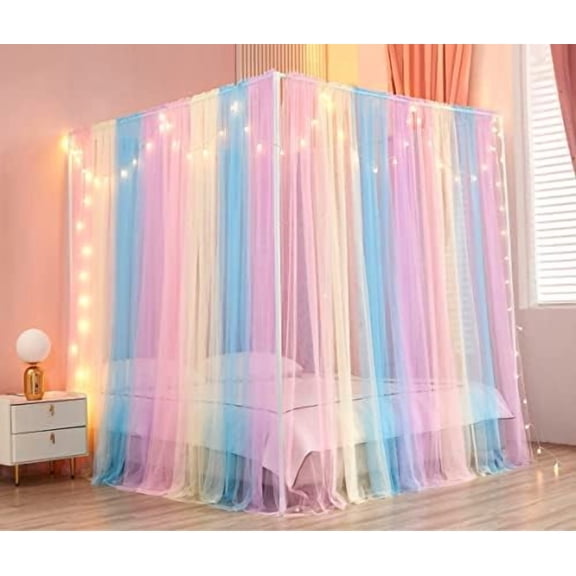 Canopy Bed Curtains with Lights 4 Corner Post Bed Canopy for Adults Girls, Rainbow Bed Drapes Netting-8 Panel Curtains,Full/Queen