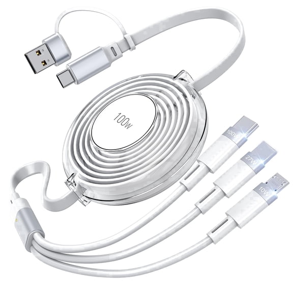 Bravoul 100W Multi Charging Cable 5 in 1 Retractable USB C/A Fast Charging Cable with Type C/L/Micro USB Ports for multiple devices (white)