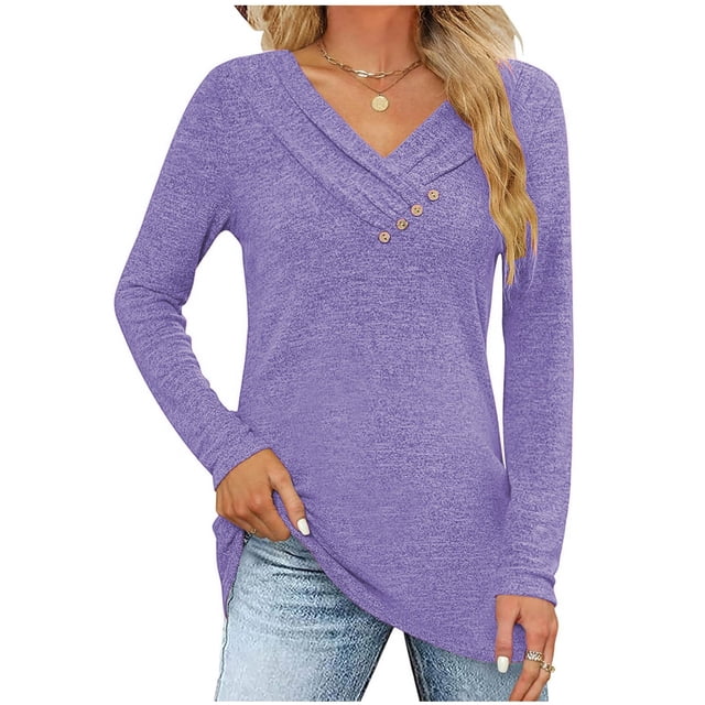 Birdeem Womens Fashion Casual Solid Color V-Neck Long Sleeve Button Top