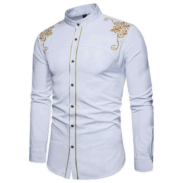  Men's Luxury Embroidery Design Dress Shirts Slim Fit Long  Sleeve Band Collar Button Down Shirt Western Stylish Tops for Men Black :  Sports & Outdoors