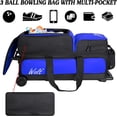 thumbnail image 3 of WOLT Bowling Ball Bag 3 Ball Roller Bowling Bags with Wheels Separate Shoe Compartment Retractable Handle Extends to 38’’ Blue, 3 of 7