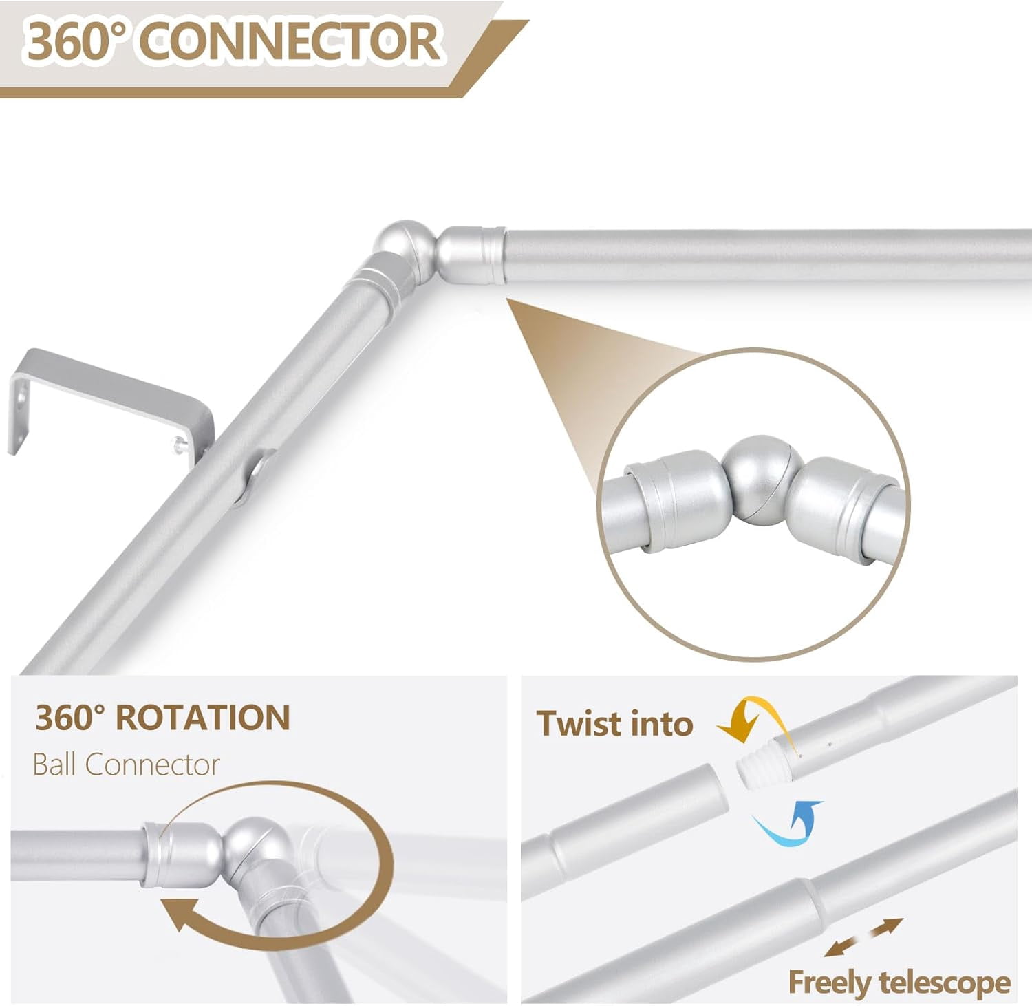 Bay Window Curtain Rod,Silver Curtain Rods for Bay windows 32 to 86 Inch (Center Rod), 32 to 58 Inch Side Rod for windows, Decorative Drapery Rods with Bling Finials