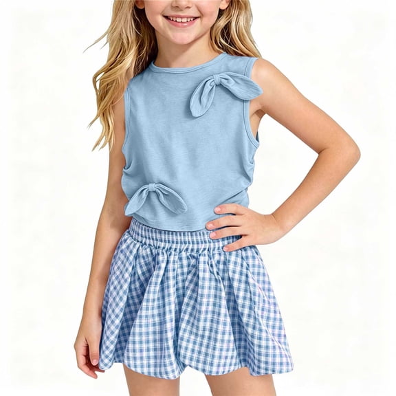 Mifsaly Toddler Girls 2 Piece Outfits Bow Tie Sleeveless Tank Top and Plaid Skirts Kids Cute Summer Casual Clothes for Holiday and School
