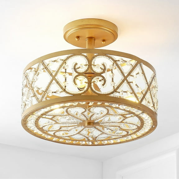 JONATHAN Y Leila 3-Light 13.25" Iron/Crystal Modern Glam LED Flush Mount, Gold, JYL9071A