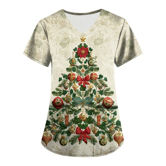 Garbnen Christmas Under Scrubs for Women V Neck Short Sleeve Womens Tops Dressy Casual Thanksgiving Holiday Nurse Working Uniforms with Pockets S-5XL