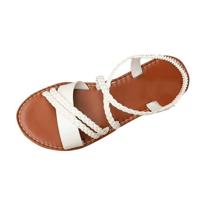 Sandals for Women Casual Summer Woven Open-Toe Flat Cushioned Straps
