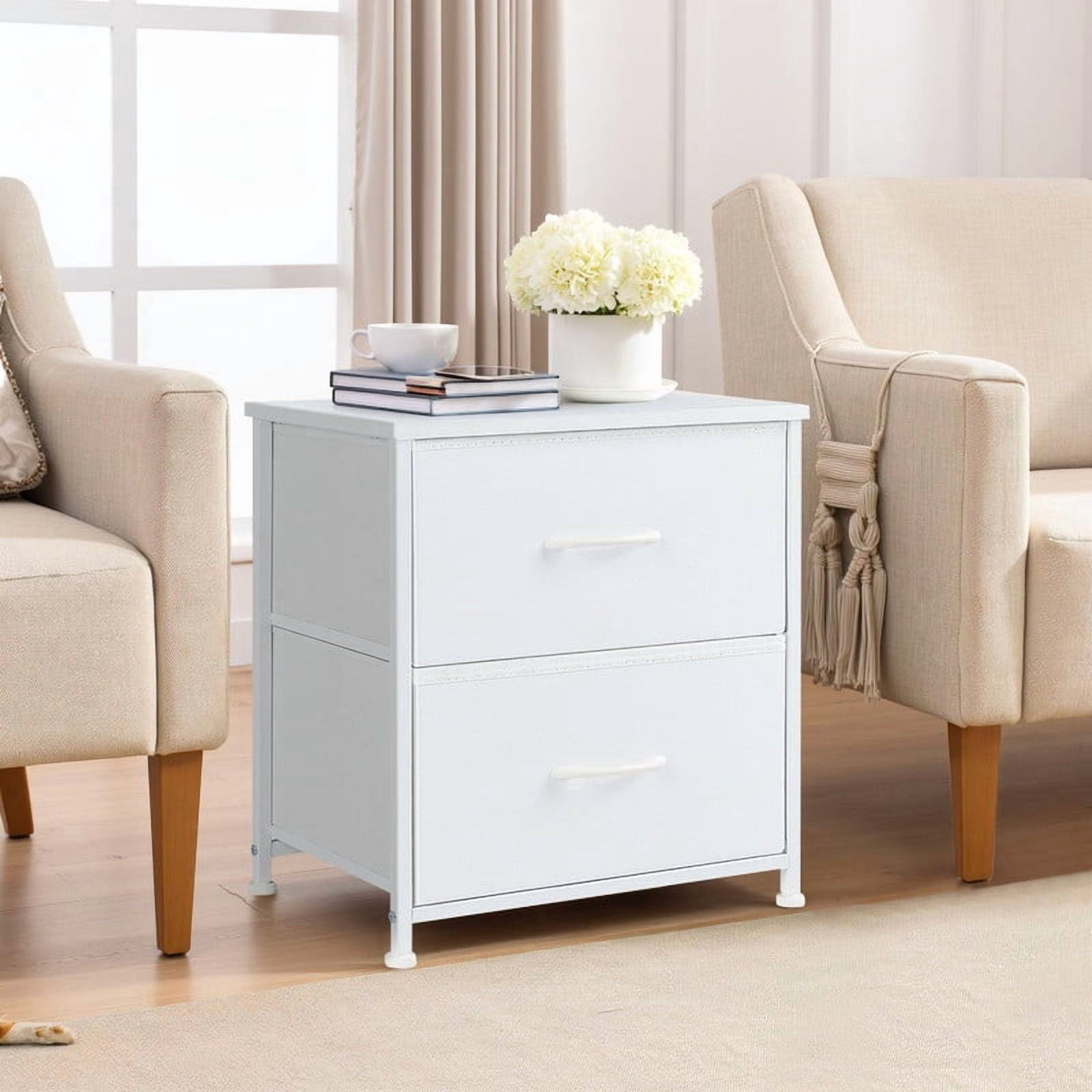 TINKLE WELL Nightstand Set of 2 with 2 Fabric Drawers, End Table 20 inch Tall Side Table for Bedroom, Closet, or Dorm Storage, White