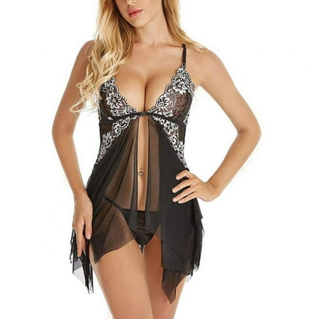 

Women Sexy Lace Babydoll Sets Chemise V Neck Mesh Sleepwear with G-string Boudoir Nighty Strappy Sleepshirt