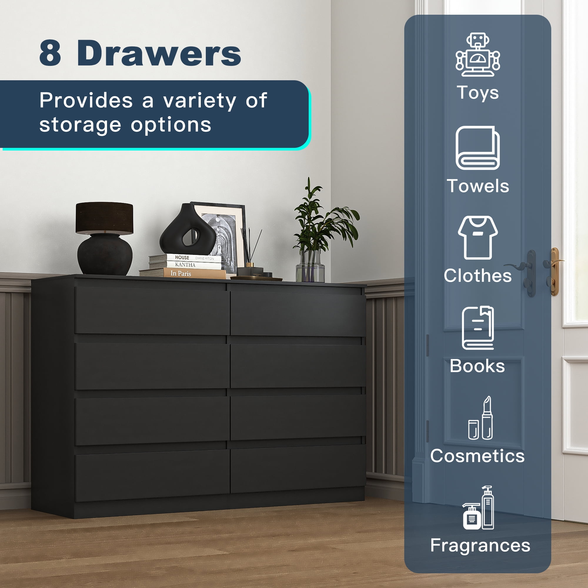 Finihen 8 Drawer Double Dresser, Modern 8 Chest of Drawers with Deep Drawers, Wide Storage Organizer Cabinet for Living Room, Kids, Black Finihen 8 Drawer Double Dresser, Modern 8 Chest of Drawers with Deep Drawers, Wide Storage Organizer Cabinet for Living Room, Kids, Black