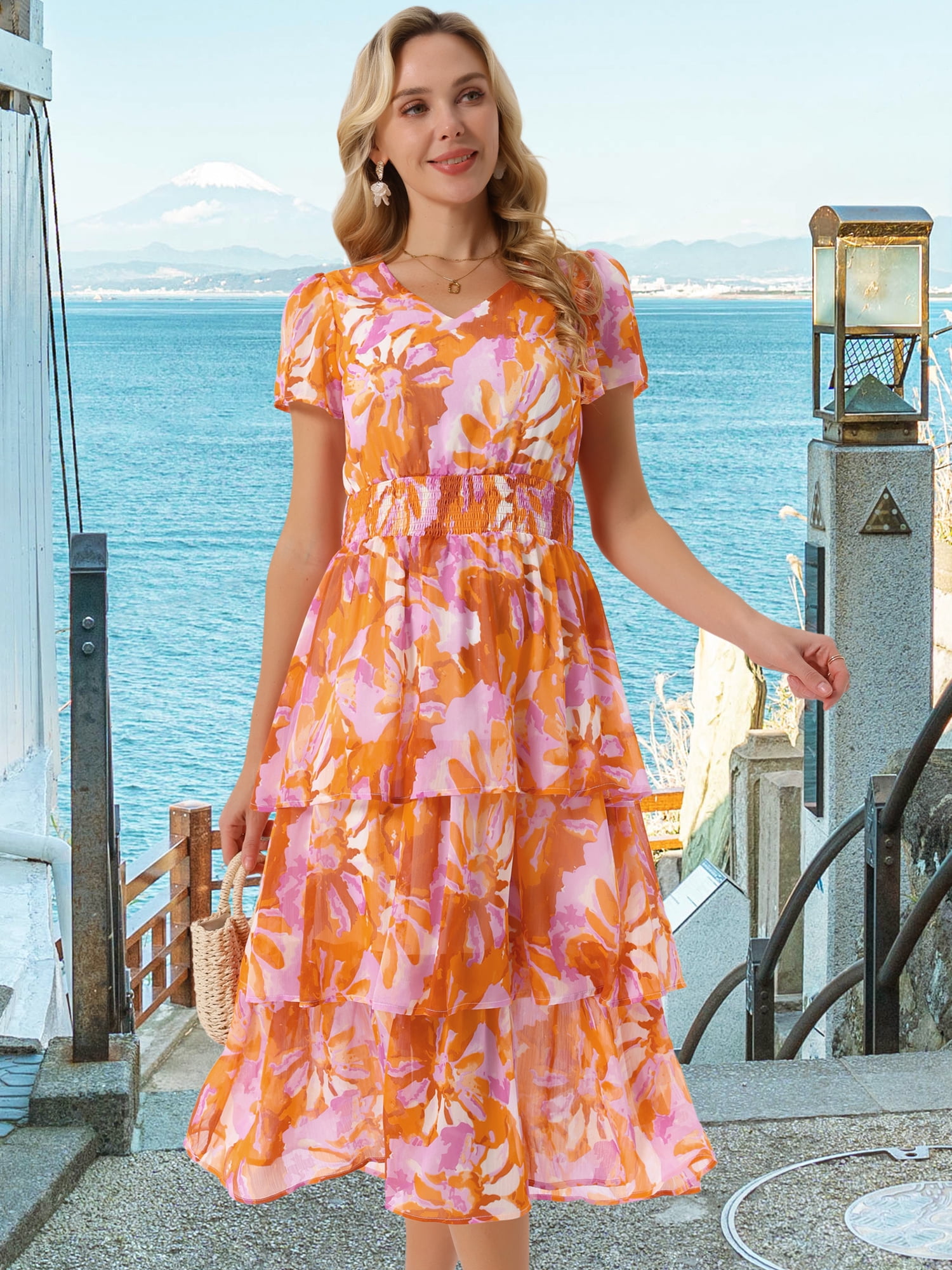 DARING DIVA Floral V Neck Short Sleeve Ruffle Tiered Midi Dress S Orange