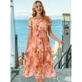 thumbnail image 4 of DARING DIVA Floral V Neck Short Sleeve Ruffle Tiered Midi Dress S Orange, 4 of 7