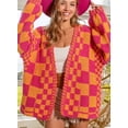 thumbnail image 4 of CURBODO Women's Vintage Checkered Cardigan Sweater Soft Chunky Knit Open Front Outerwear, 4 of 6