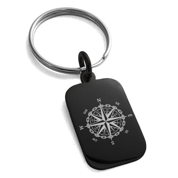 Stainless Steel Nautical Chaim Compass Engraved Small Rectangle Dog Tag Charm Keychain Keyring