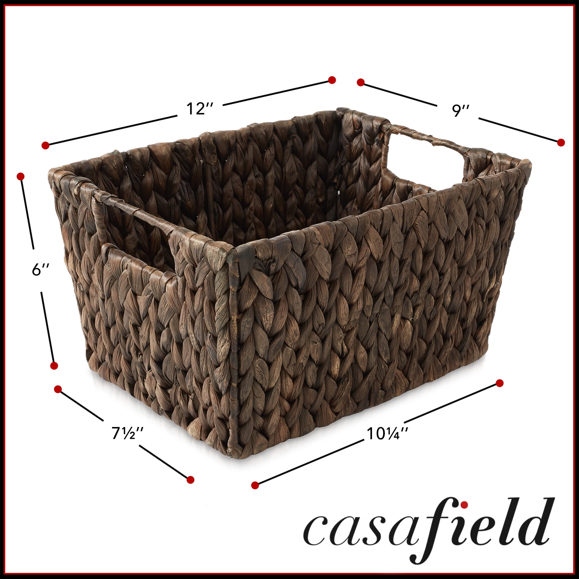 Casafield Set of 4 Water Hyacinth Storage Baskets with Handles - Espresso Brown, 12" x 9" x 6" Rectangular Storage Shelf Bins, Blankets, Laundry