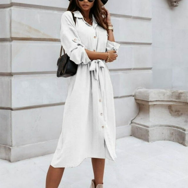 YUTK Robes pour Femmes 2024, Robe à Manches Longues pour Femme à Revers avec Boutons et Ceinture à la Taille Blanche TP