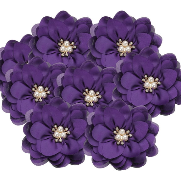 3.15 Inch Chiffon Flowers, 10 Pcs Fabric Flowers Rhinestone Pearl Large Camellia Sewing Appliques for DIY Crafts Dresses Clothing Headbands Wedding Party Decoration, Purple