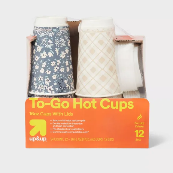 Compostable Hot Cups with Lids - 16oz/12ct -