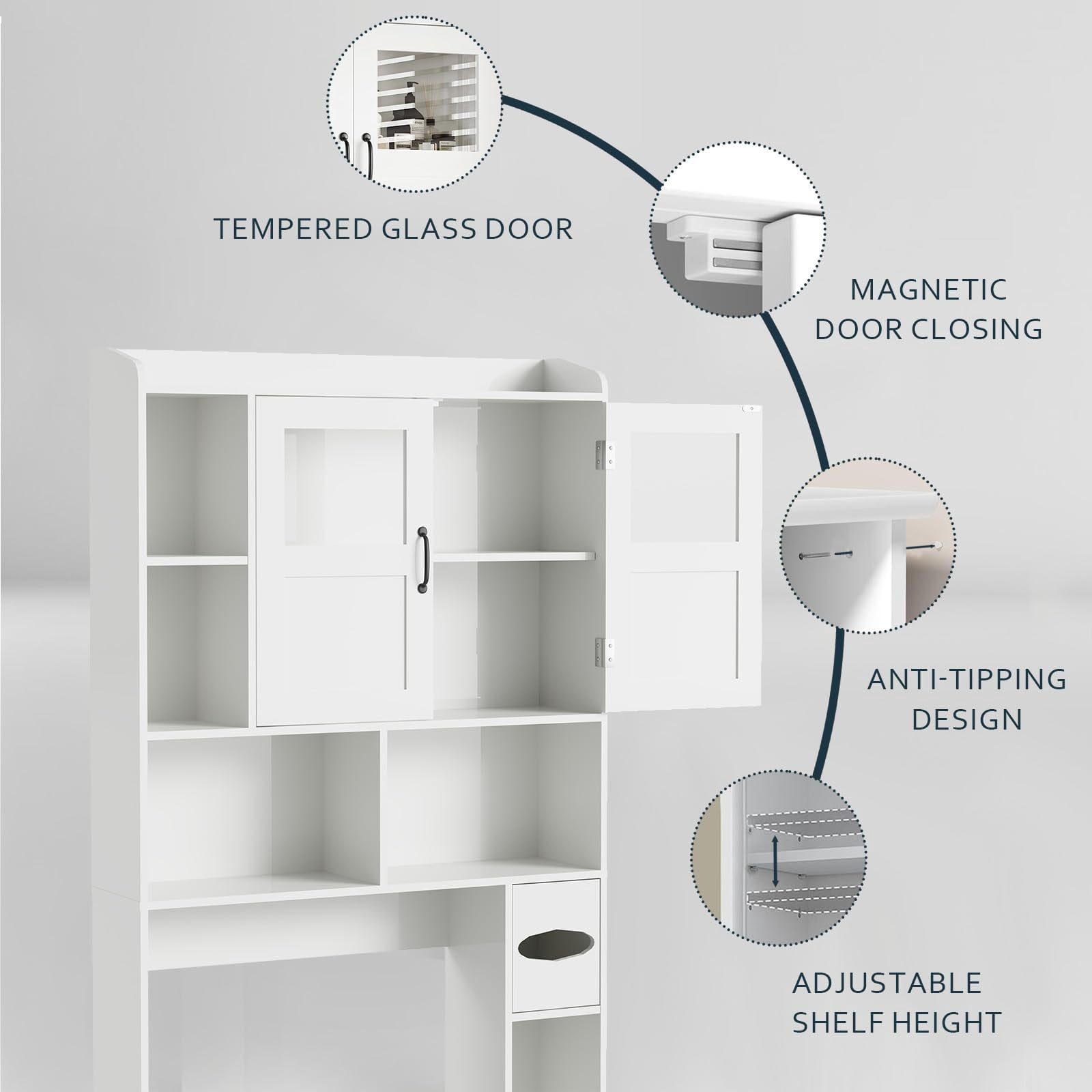 Ataujin 67.4" Tall Over Toilet Storage Cabinet, Freestanding or Wall-Mounted Toilet Organizer with Glass Door & Adjustable Shelves for Bathroom & Laundry Room