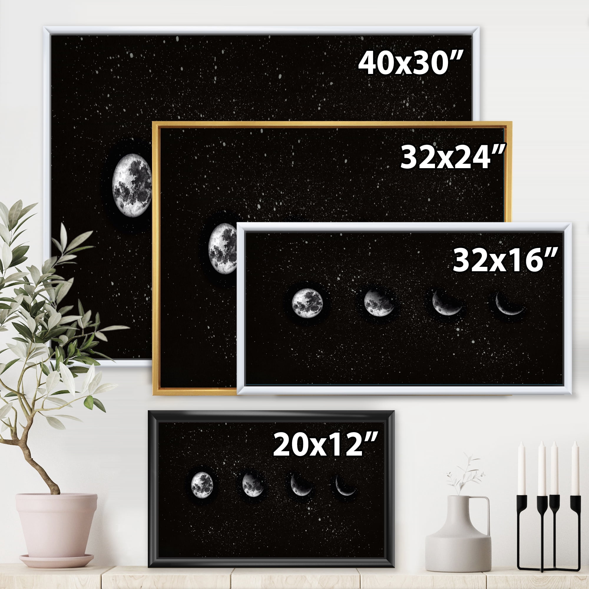 Designart 'The Night Sky With Moon Phases' Modern Framed Canvas Wall Art Print