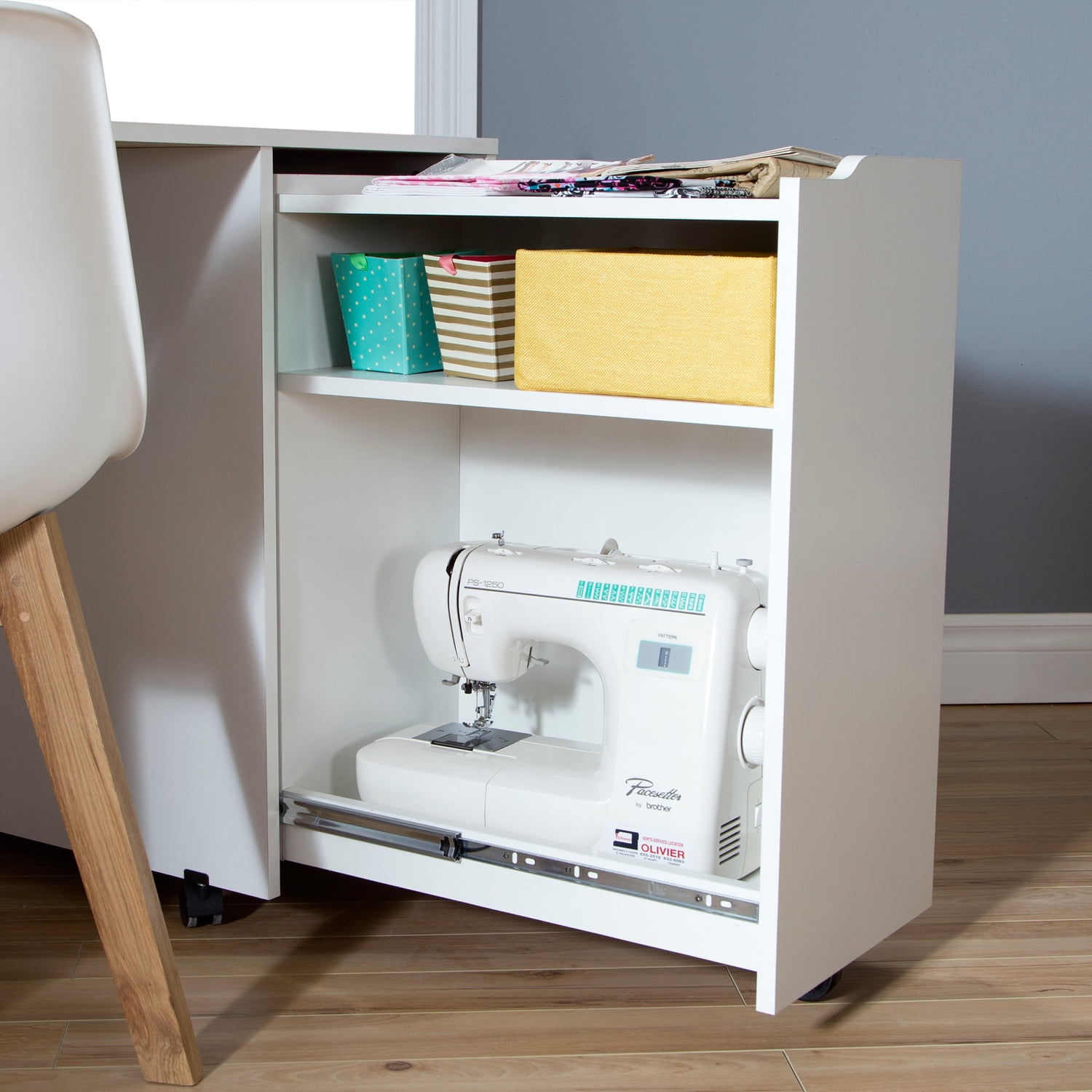 Maykoosh Contemporary Cool Sewing Craft Table on Wheels with Sliding Shelf, Storage Drawers and Scratchproof Surface, Pure White - 23.62"D x 58.12"W x 295"H