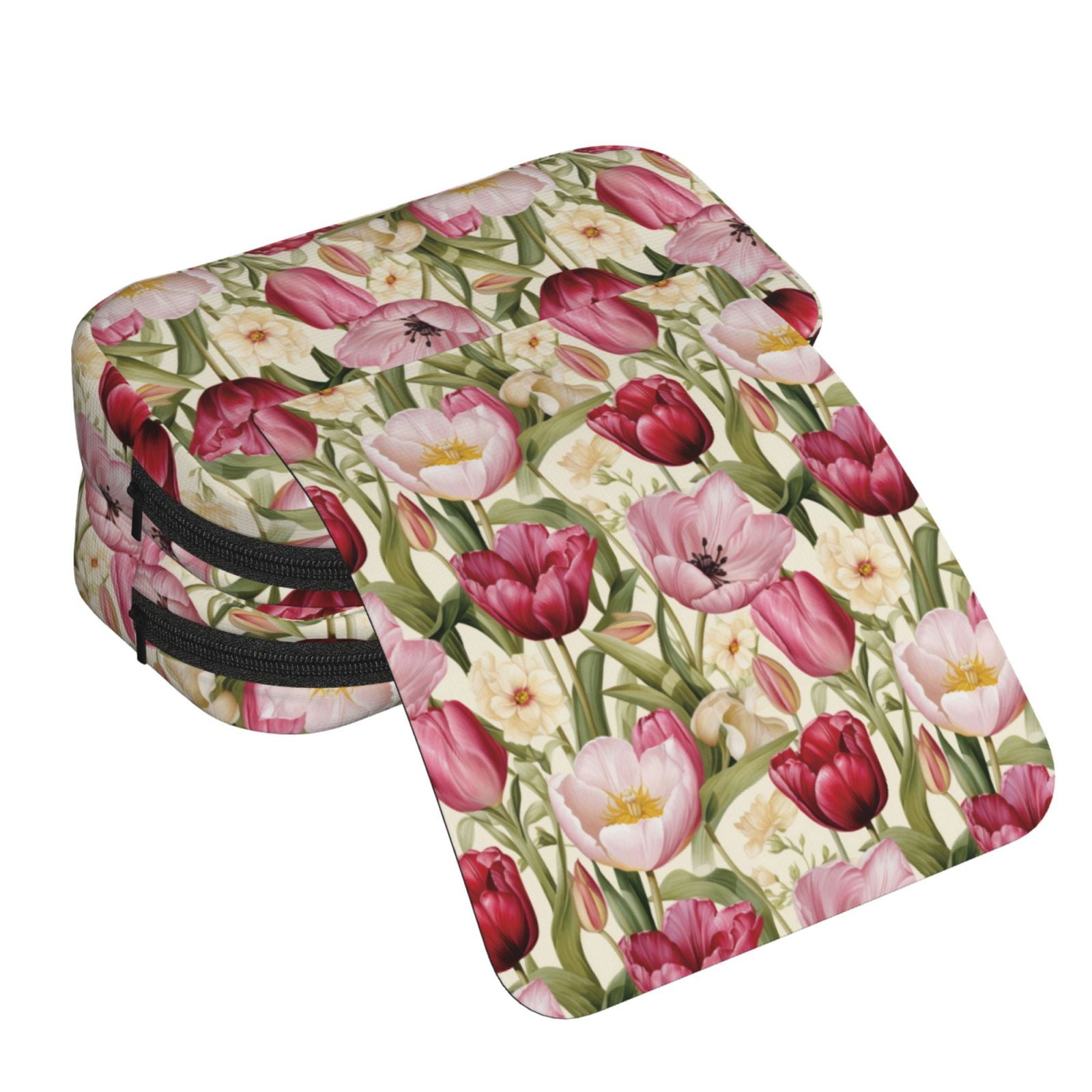 Rateoe Tulips Flowers Pattern Double Clamshell Pen Case, Storage Organizer with Two Zipper Compartments– Holds Up to 50 Pencils & Pens