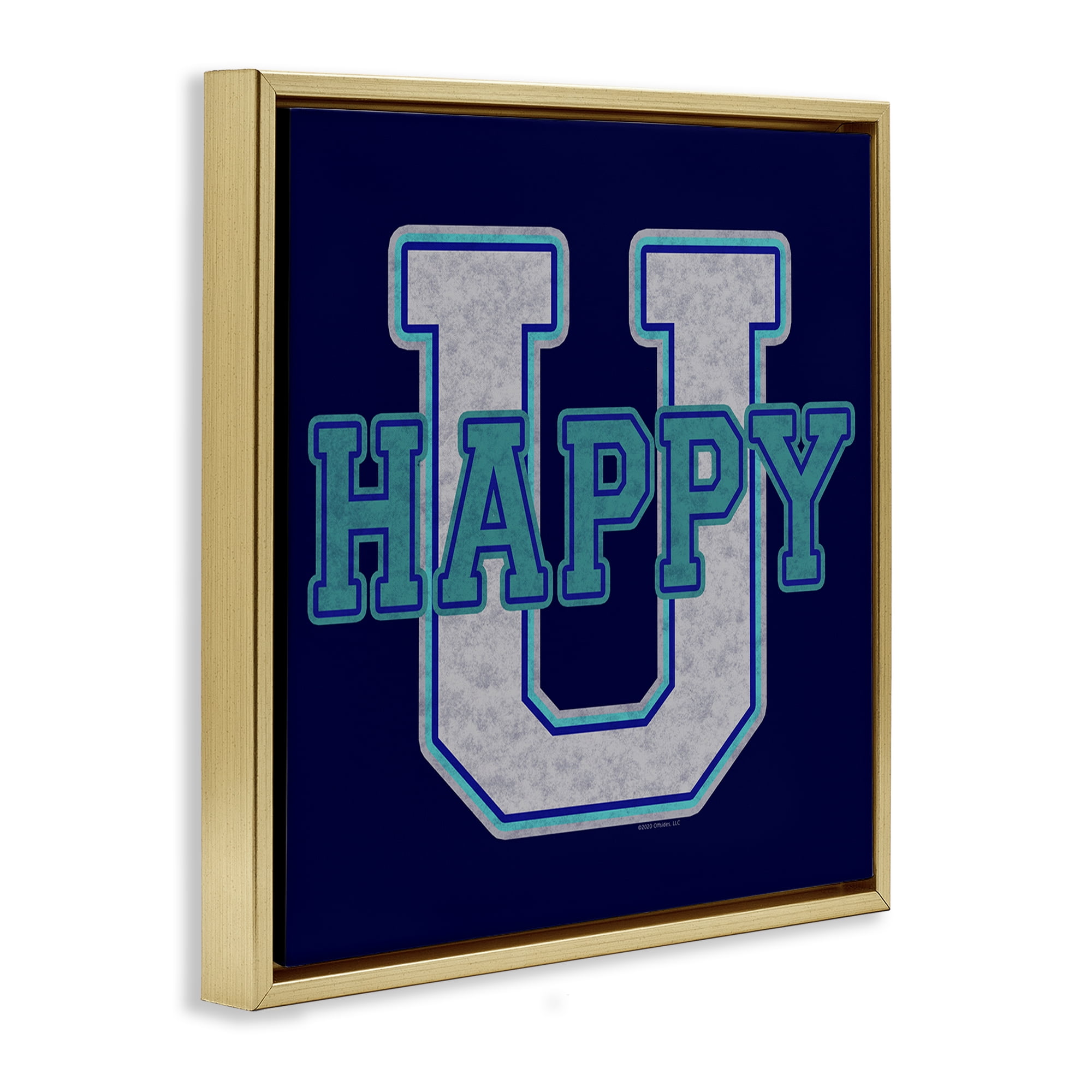 Stupell Industries Happy U Varsity Style Text & Numbers Painting Gold Floater Framed Canvas Art Print Wall Art, 25 x 25