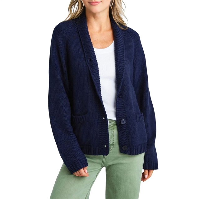 Cárdigan de Punto Vintage con Estampado de Rayas y Estrellas de la Bandera de US para Mujer, con Frente Abierto Azul Marino L