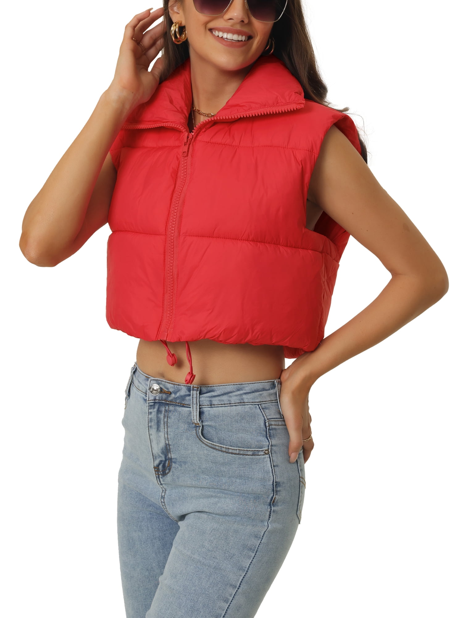 Unique Bargains Women's Padded Vest High Stand Collar Zip Crop Fashion Jacket Puffer Vests M Red