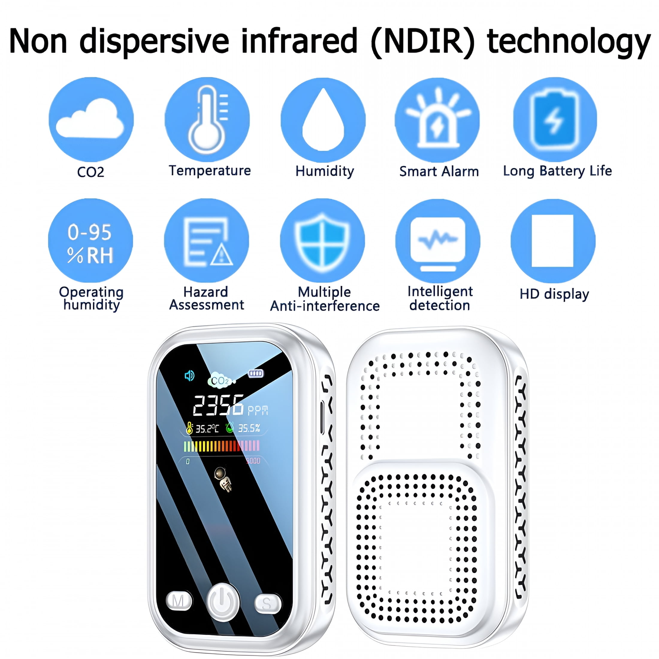 GJX 2026 New Mini Co2 Detector,Multi-Function Co2 Monitor Meter Air Quality Monitor Carbon Dioxide Detector Portable Temperature&Humidity Detector for Travel Home Indoor(White)