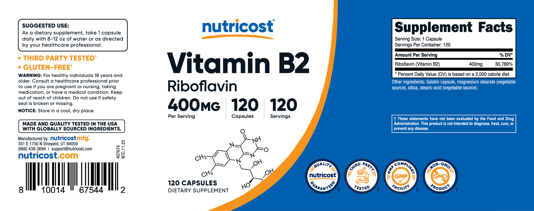 Nutricost Vitamin B2 (Riboflavin) 400mg, 120 Capsules, Supplement