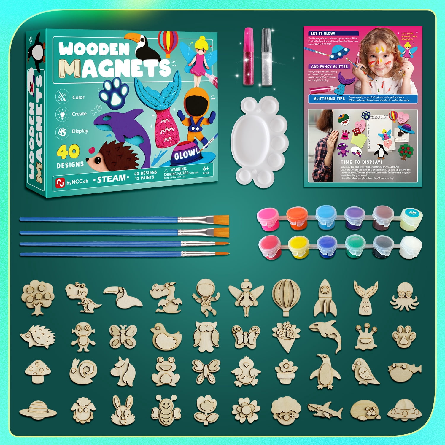 Piano Potato 40-Piece Kids Wooden Magnet Painting Kit – DIY Arts & Crafts Set with Glow-in-the-Dark Paints, Best Creative Gift for Boys & Girls Ages 6-12