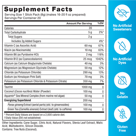 Force Factor Liquid Labs Energy Drink, Electrolytes Powder, Hydration Packets to Boost Energy & Focus, 5 Essential Electrolytes, Vitamins, Minerals, & Antioxidants, Fruit Punch Flavor, 20 Stick Packs