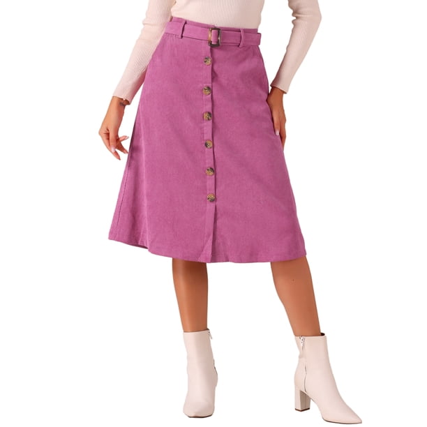 Falda de pana de mujer Inspire Chic, de cintura alta, con botones en la parte delantera, con cinturón, midi, color rosa intenso, talla M