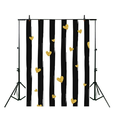 Black And White Photography - GreenDecor Polyster 5x7ft Valentine's Day Backdrop Golden Sequin Flying Hearts Black and White Striped Background for Photography or Decoration