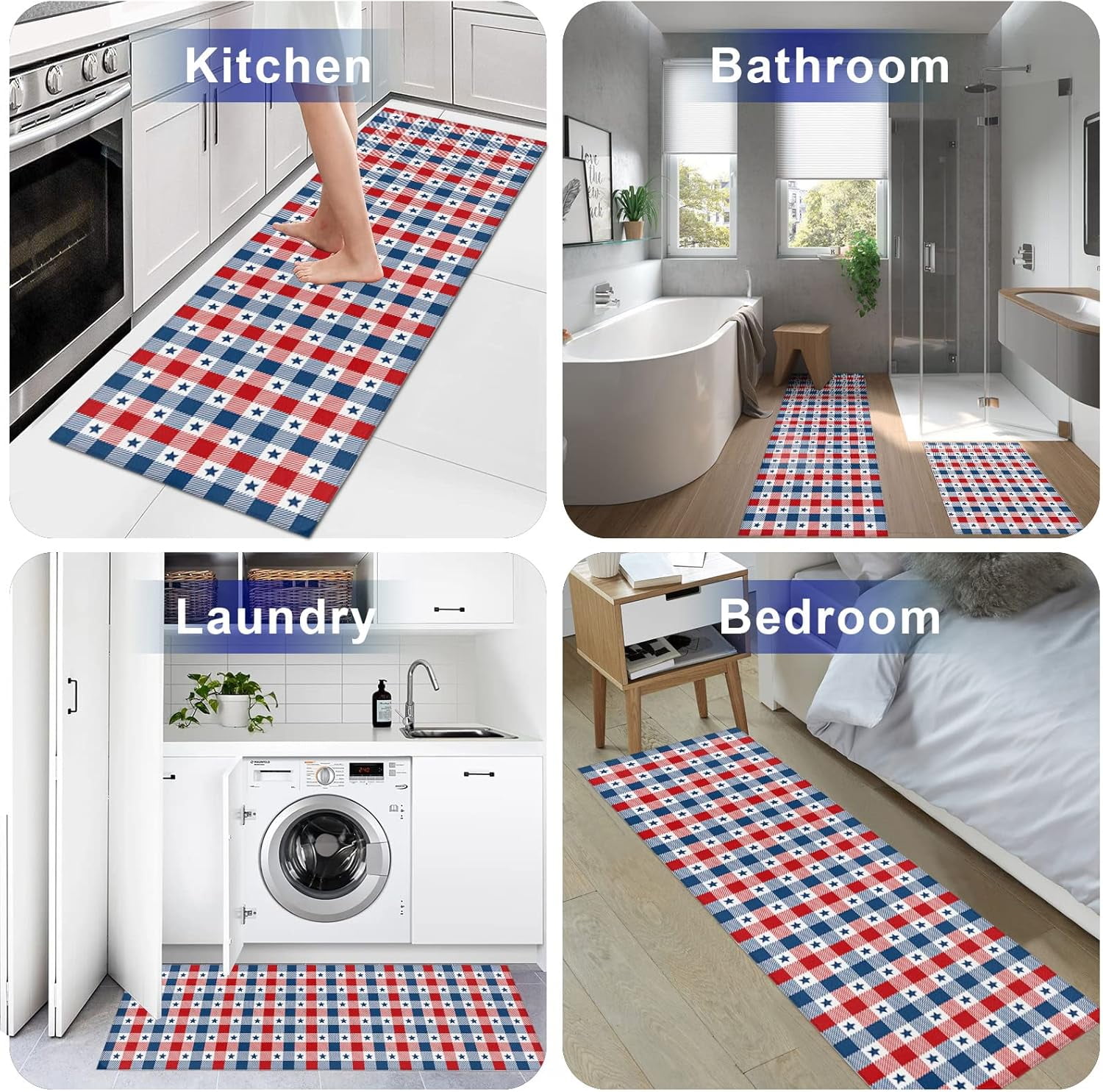 Independence Day Kitchen Rugs and Mats Set of 2, Patriotic Flag Non-Slip Floor Doormat Comfort Area Runner Rug and Mat, Blue Star on Red Blue Checkered Indoor Entrance Carpet Home Decor