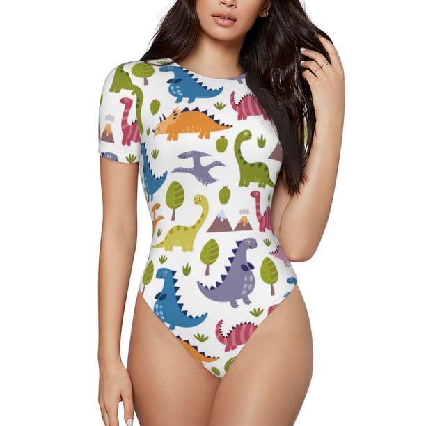 Balery Cute Dinosaur Body de cuello redondo de manga corta para mujer Tops de manga corta Tops básicos-XX-Large