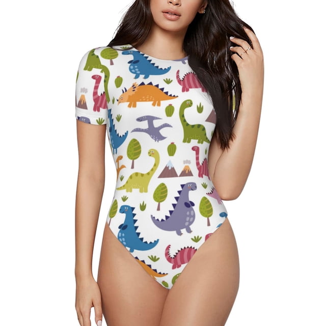 Saiise Mignon Motif Dinosaure Grenouillère à Manches Courtes pour Femmes Col Rond Pyjama Justaucorps Extensible avec Fermeture à Pression-TG