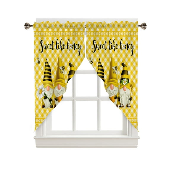 Swag Curtains, Spring Gnomes Daisies Bees Yellow Buffalo Plaid Rod Pocket Kitchen Curtains Valances Tier Curtains Swag Valance Curtains for Bedroom Living Room 36" x 36", 2 Panels