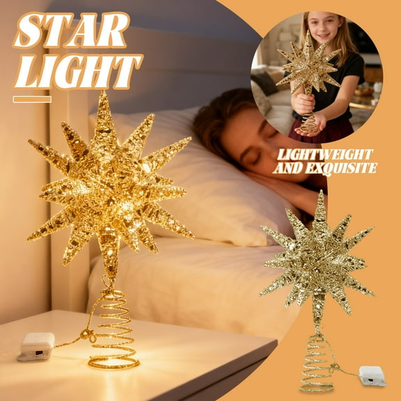 Christmas Tree Topper, Plug in 3D Starburst Xmas Lighted Star Tree Topper, Remote Control & Timer Light Up Vintage Moravian Tree Topper for Christmas Decoraiton, Warm Light, Champagne Gold , 11.4"