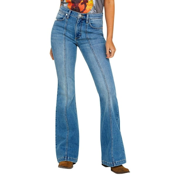 Vaqueros acampanados con costuras para mujer, pantalones vaqueros de talle medio - Negro/Azul oscuro/Azul claro (M-4XL)