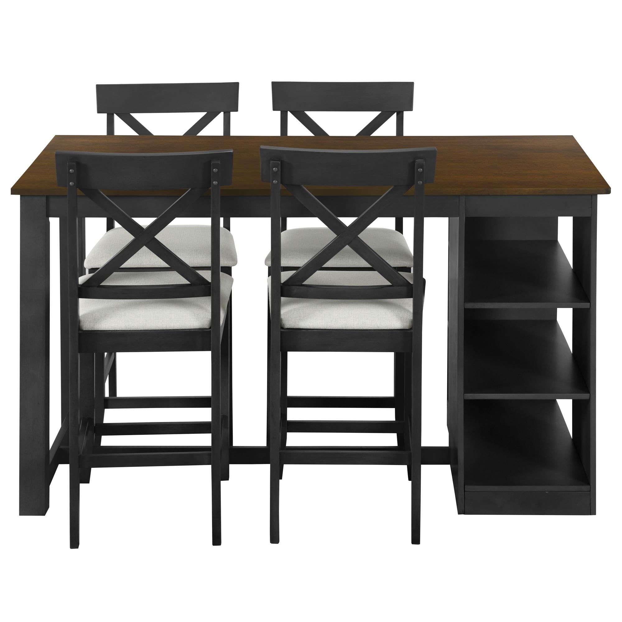 PORKISS 5 Piece Dining Table Set, Solid Wood Dining Table with 3-tier Storage Shelves, 4 Upholstered Chairs for Dining Room Kitchen Apartment, Gray