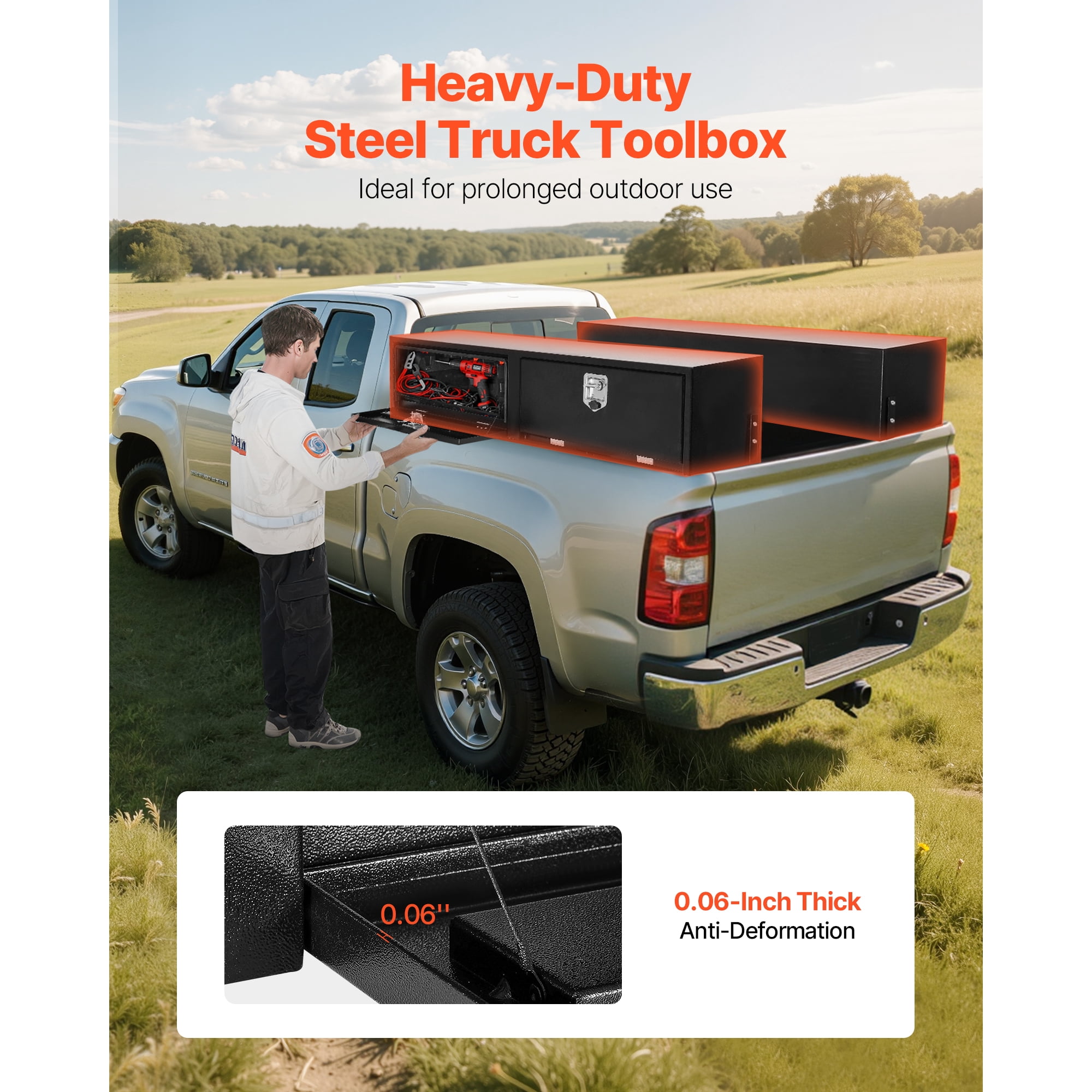KFFKFF 72 x 13 x 16 Inch Black Carbon Steel Truck Tool Box, Topsider Storage with Dual Drop Doors, Durable Lockable Organizer with Latch, Corrosion-Resistant for Pickup Truck Beds