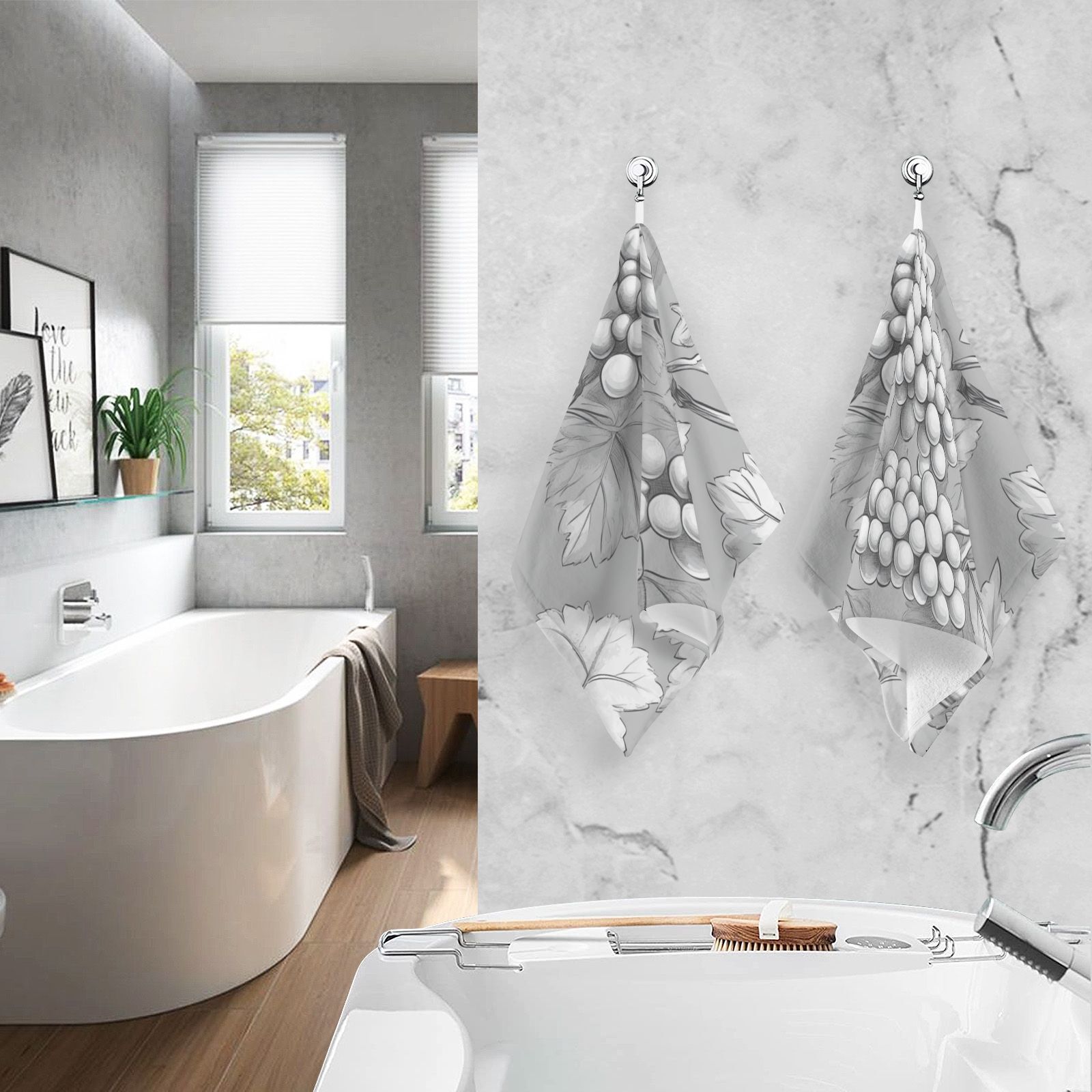 Gray Grapes Leaves Hand Towels Cotton Bath Towels Large Face Towels Absorbent for Bathroom 2 Packs
