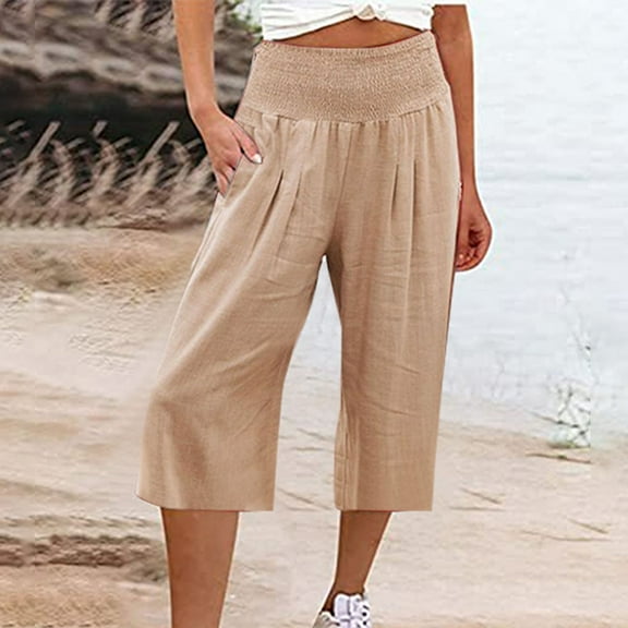 Stephy Women's Fashionable Cotton and Linen Solid Color Elastic Waist Three Quarter High Waist Casual Pants and Sports Pants, Yellow, 3XL