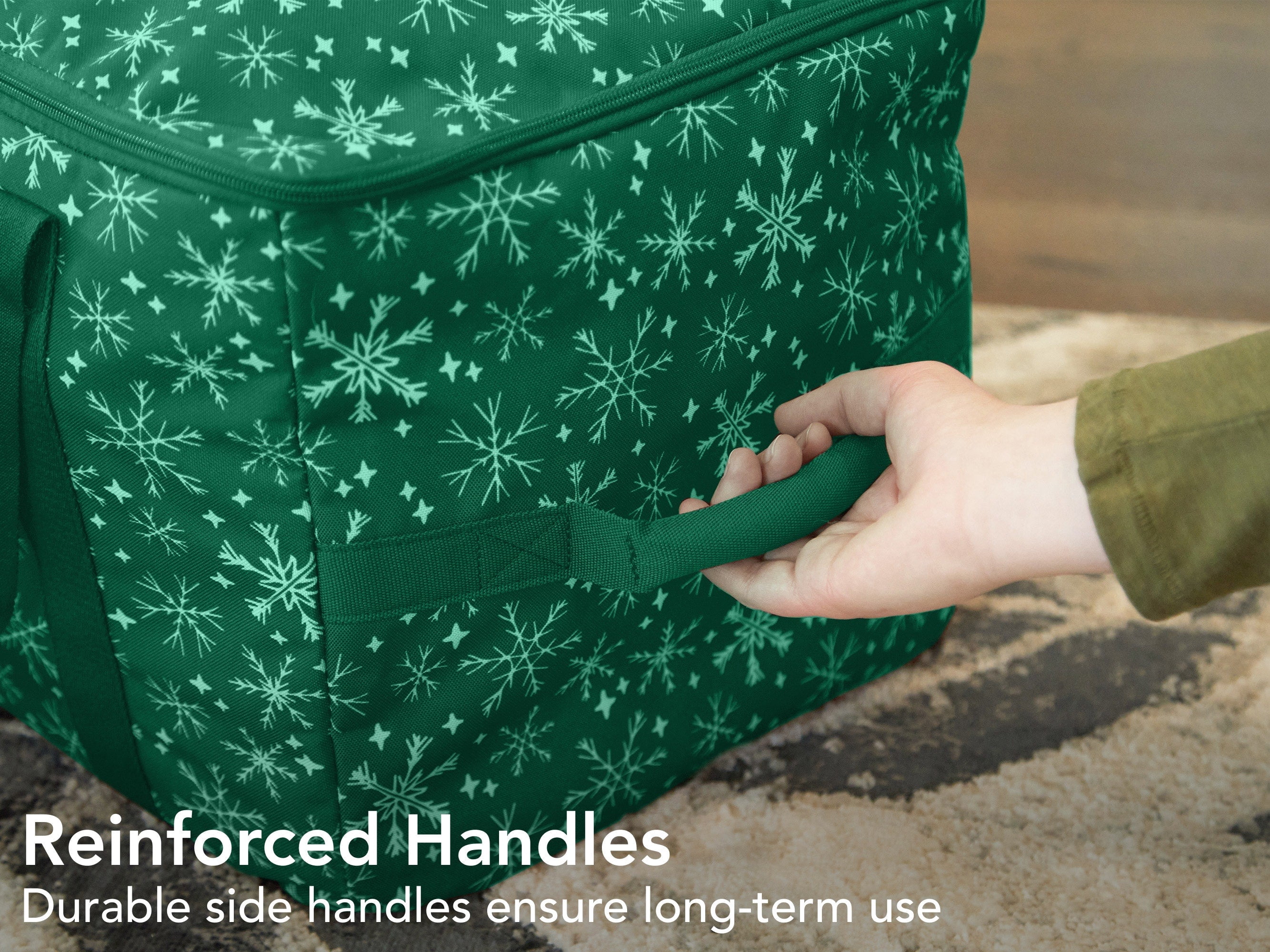 Covermates Keepsakes Rolling Treasurekeeper Storage Bag - Carrying Handles, ID Window, Dual Wheels - Holiday Storage, Green Snowflake