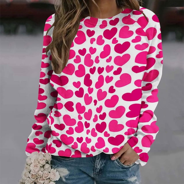 Qertyioot T-Shirt Graphique pour Femmes de la Saint-Valentin à Manches Longues, Blouse Ample Imprimée Mode, Col Rond, Hauts Décontractés, Chandails à Capuchon