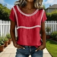 thumbnail image 2 of YUGYXL Spring T-Shirts for Women Short Sleeve Crewneck Loose Fit Casual Summer Tops Lightweight Lace Patchwork Tee Red Tops S, 2 of 7