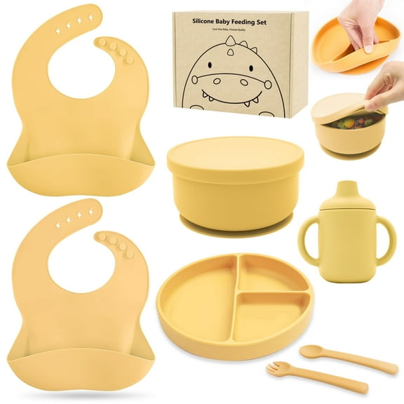 Silicone Baby Feeding Set,Baby Led Weaning Supplies Include Suction Plate & Bowl, Spoon, Fork,Bibs,Sippy Cup, 7-Pcs